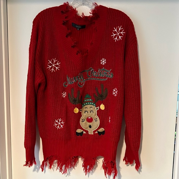 Leani Red Christmas Holiday Party Sweater Size Medium Fringed Edge - Picture 1 of 5